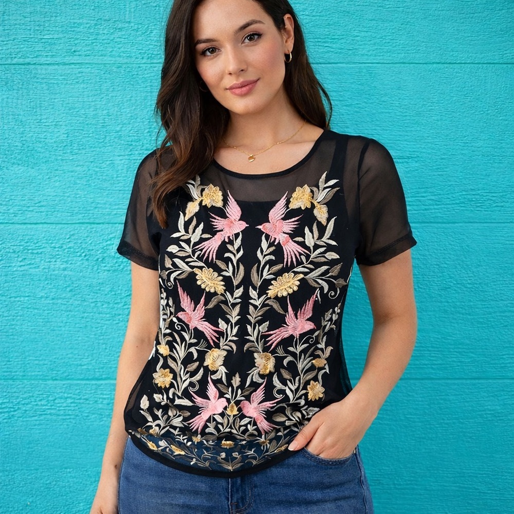 INC BLACK EMBROIDERED ROMANTIC 2 PIECE SHEER BLOUSE SET SIZE SMALL NWT